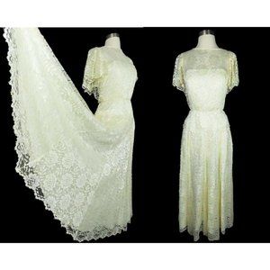 Vintage 70s 80s Prom Party Dress XXS Cream Lace Bridal Wedding Cottage Core Full
